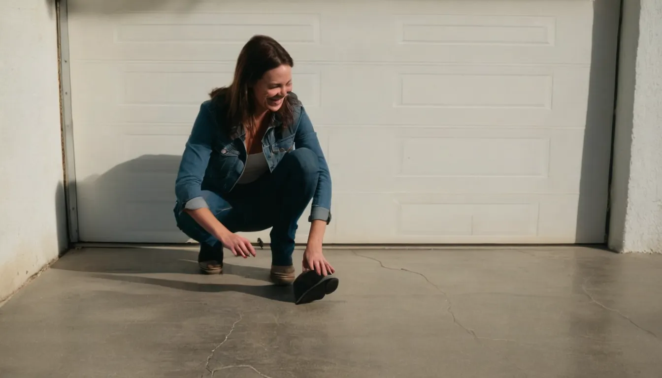 A homeowner checking a hairline crack in a concrete garage floor