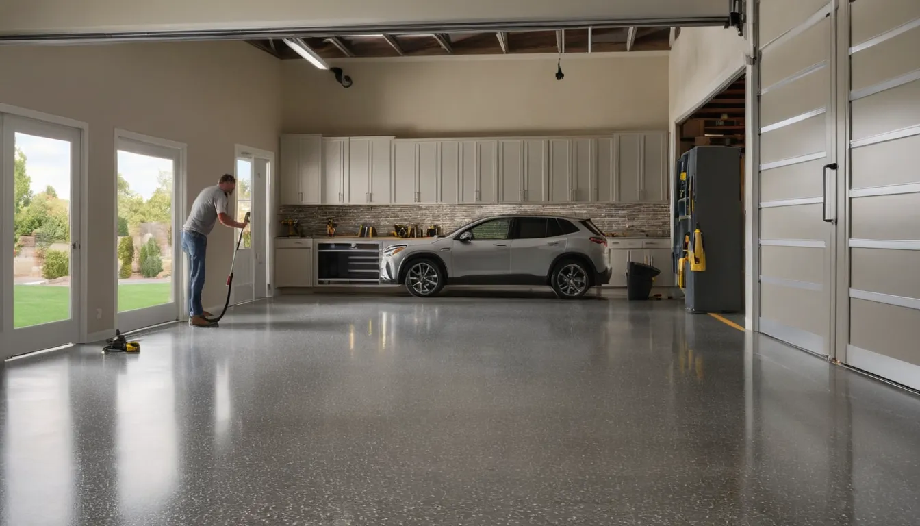 Freshly coated polyaspartic garage floor with speckled flakes in a home near Johns Creek
